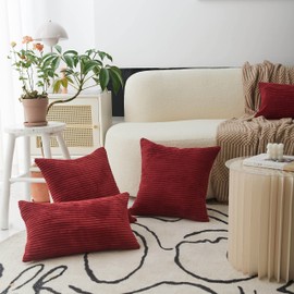 Home Brilliant Burgundy Cushion Covers Pack of 2 Super Soft Striped Corduroy Large Square Pillows for Valentine's Day Living Room, 65cm, 26 inch, Dark Red