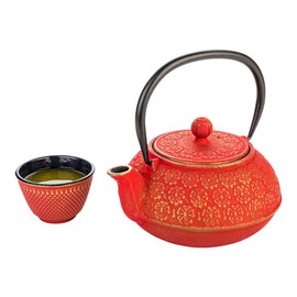 Restaurantware-30 Ounce Japanese Teapot, 1 Enamel Coated Japanese Tea Kettle - Cherry Blossom Design, Includes Mesh Strainer, Red Cast Iron Primitive Kettle, For Teabags And Loose Leaf Tea