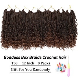 Goddess Box Braids Crochet Hair 12 Inch 8 Packs Pre-looped Bohemian Crochet Boho Box Braids With Curly Ends 3X Crochet Braids Hair for Women Synthetic Braiding (12 inch, T30)