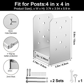 FMhotu 4"x 4" Post Base, 2Pcs Stainless Steel Adjustable Post Anchor Bracket (Internal 3.5 x 3.5), Adjustable Post Base for Pavilion Deck Porch Handrail Railing Support Decorative Anchor Plate