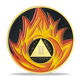 Moneda de sobriedad de 2 años con diseño de llamas doradas, con chip AA y anónimo, con medallón de aniversario, regalo de recuperación para hombres y mujeres