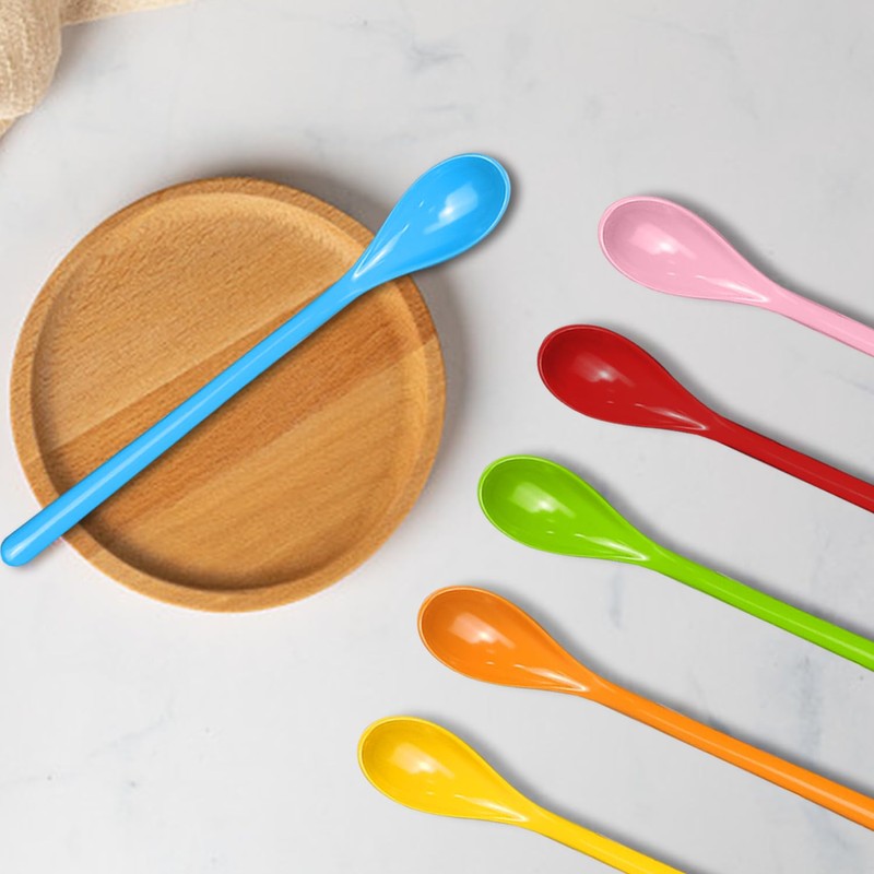 Pack of 6 Spoons with Long Handle, Colourful Plastic Spoons,