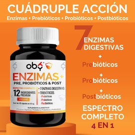 Enzimas digestivas + Probioticos + Prebioticos + Postbioticos | Fórmula Vegana 4 en 1 - Oby Quadribióticos Complex | Suplemento Alimenticio para Hombre y Mujer | 65 capsulas