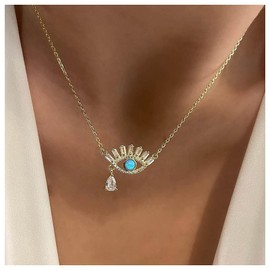 Inilbran Boho Rhinestone Evil Eye Choker Necklace Blue Turquoise Demon Eye Pendant Necklace Vintage Turquoise Evil Eye Necklace Choker Bling CZ Eye Protection Necklace Chain Jewellery for Women