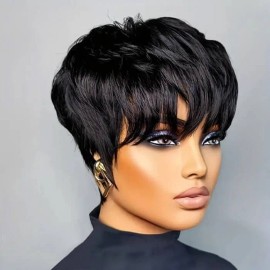 ATOZWIG Human Hair Black Short Curly Wigs Human Hair Wigs with Bangs Pixie Cut Wigs USA