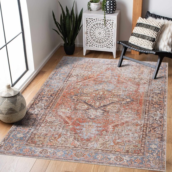 Georgia Collection Eira Machine Washable Area Rug - Oriental Persian Medallion Faded Style - Living Room Bedroom Vintage Distressed Carpet - Terra Cotta, Brick Red, Brown, Orange, Blue - 7'10" x 10'2"