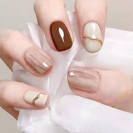 24 Pcs Cute Coffin Press on Nails Medium Fake Nails, Reusable Glue on Nails Short Ballerina Nails Press ons, French Acrylic False Nails Full Cover Artificial Fingernails for Women