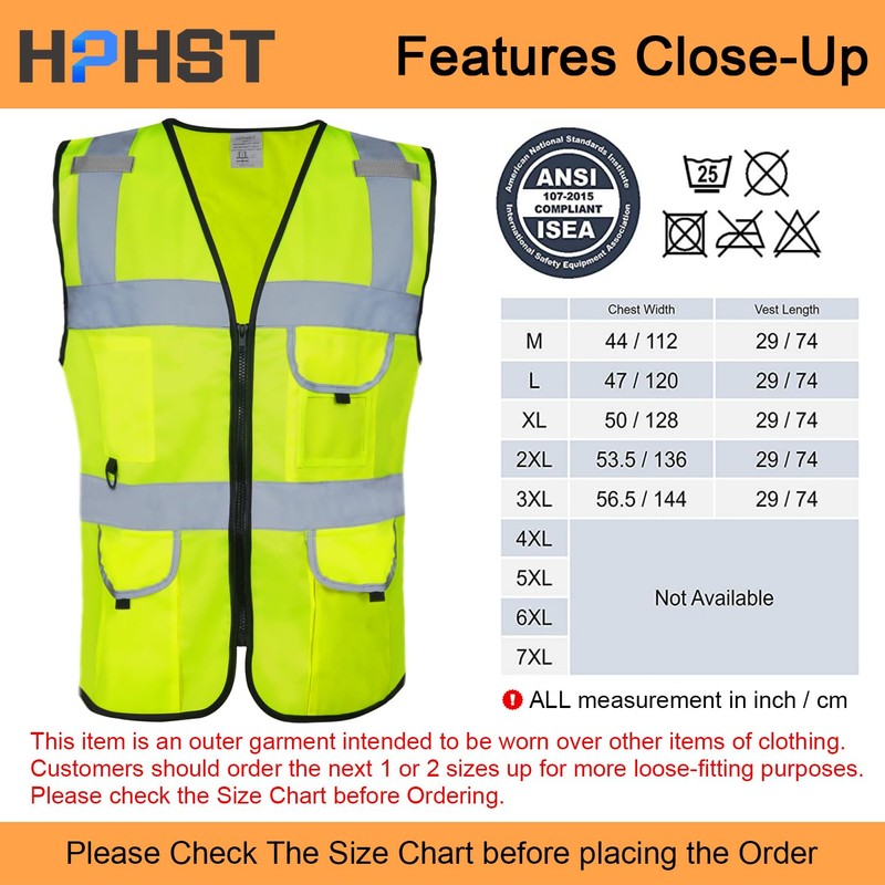 HPHST 5 Pockets High Visibility Reflective Safety Vest,Zipper Front, Meets