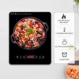 1800W Sensor Touch Single Electric Cooktops Countertop Stove With 9 Temperature Power Levels, 3-hour Timer, Safety Lock Induction Cooktop Portable Induction Cooktop With Ultra Thin Body
