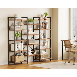 Casaottima Triple 5 Tier Bookshelf, Large Bookcase with 14 Open Display Shelves, Modern Industrial Book Shelves Book Case for Bedroom, Wide Standing Shelving Unit for Living Room Home Office, Vintage