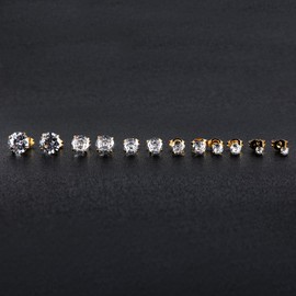 6 Pairs Surgical Stainless Steel Screw back Stud Earrings, 18K Gold Plated Heart Star Square Princess Cut Round CZ Stud Earrings Set (Gold round butterfly back)