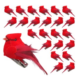 Cardinal Christmas Tree Ornaments - Clip-On Decorations - Red Body & Feathered Wings & Tail - Set of 24 - Each Bird is 2" L - Wreath - Tree - Crafts