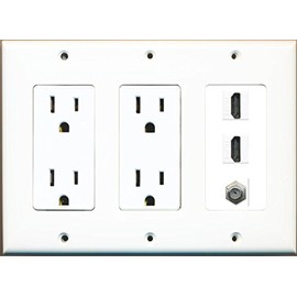 RiteAV Power Outlet x 2 and 2 HDMI 1 Coax Triple Gang Wall Plate White