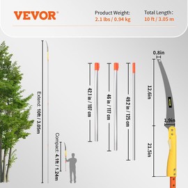 VEVOR Manual Pole Saw, 7.3-27 ft Extendable Tree Pruner, Sharp Steel Blade High Branches Trimming, Manual Branch Trimmer with Lightweight 8 Fiberglass Handles, for Pruning Palms and Shrubs:_10 ft & No-Hook Saw