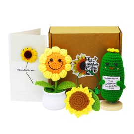 3Pcs Knitting Wool Potato Positive Card Dolls Sunflower Pot Funny Gifts Set,Creative Funny Crochet Toys with Encouragement Card,Birthday Gifts For Women,Mom,Girlfriend,Party Decoration (Cucumber）