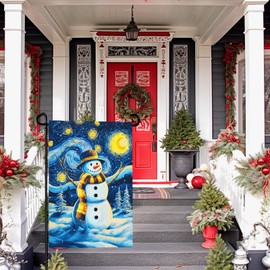 Dacawin Winter Garden Flag Santa Snowman Yard Flags Van Gogh Yard Flags Art Starry Night Sky Moon Wall Banner Xmas Blue Pine Snowfield House Banners for Happy Holiday Farmhouse Outdoor 12 x 18 Inch