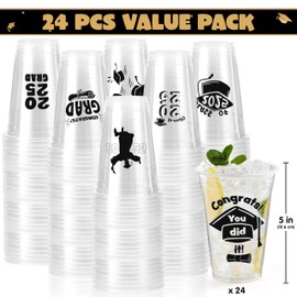 JOYIN 24 Pcs 16OZ Graduation Party Plastic Cups (Black), Graduation Decorations Class of 2025, 24 Designs Disposable Tableware Set for School Grad Party Favors Supplies