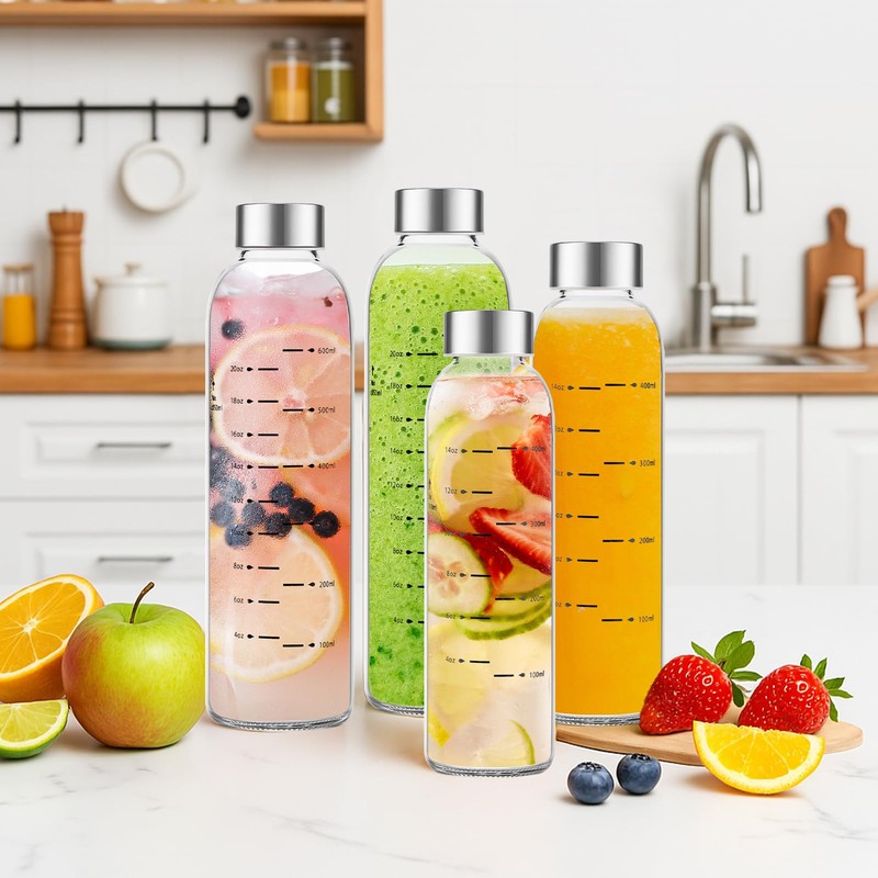 Olivego Glass Water Bottles with Lids 25 oz, Clear Glass