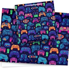 LimaLima 4 x Gaming Wrapping Paper Sheets For Boys Birthday & Christmas Neon Gaming Controllers Gift Wrap Design