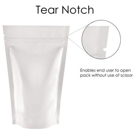 Rightpak Stand Up Pouches 100 Pieces 13cm x 21cm, White Shiny Heat Sealable Tear Notches Smell Proof for Food Storage with Ziplock