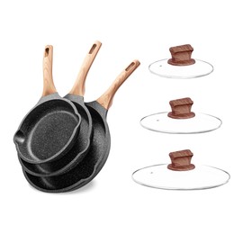 YIIFEEO Non Stick Frying Pan Set with Lids, Granite Skillet Set, Egg Omelette Pans for Cooking Pan Set, No Toxic Kitchen Cookware Set Compatible with All Stovetops (Gas & Induction), PFOA Free, Gift