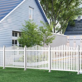 TANG Vinyl Fences 32" Hx84 W 1Set White Picket Fence Panel PVC Plastic Decorative Outdoor Garden Fencing for Yard Pool Dog Fence Air Conditioner Fences, 20 Pickets, Scallop