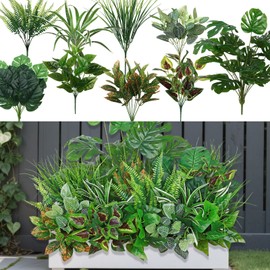 SOMYTING SOMYTING 18 Bundles Artificial Greenery Plants Outdoor Fake Plastic Leaves with Stems UV Resistant Faux Plants Bushes Fake Shrubs for Outside Garden Patio Front Porch Yard Home Decor