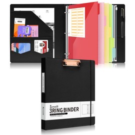 Eyrozill Professional Leather Binder Portfolio with Clipboard, Zipper Pouch, 5 Sheets Plastic Dividers，Leather 3 Ring Binder 8.5 x 11, 1-inch Round Rings, Professional Binder Organizer, Black