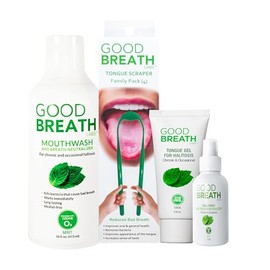 Goodbreath Mouthwash Mint Mouth Rinse (16 Oz) + Tongue Scraper (4 Pack) + Tongue Gel (2.5 Oz) + Oral Spray Mint Mouth Rinse (2 Oz)