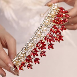 Rannyrena Silver Crystal Crown Tiara for Women Glitter Rhinestone Bridal Wedding Crowns Headband with Pearl Princess Quinceanera Headpieces for Birthday Prom Pageant Party (02Gold-red, Standard)