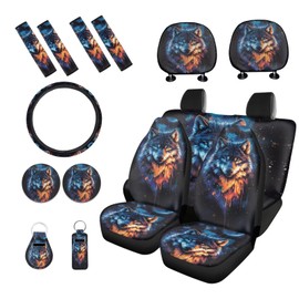 PCSJRKG Wolf Printed 15 Pcs Car Seat Cover Set, Universal Car Accessory Set Front Rear Seat Covers Seat Belt Covers Steering Wheel Cover Car Coaster Car Headrest Cover