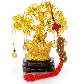 YIMITEE 9 Piece Feng Shui Citrine Money Tree, 7" Small Yellow Crystal Bonsai with Yuanbao Pot & Coins, Chinese Style Lucky Money Plant Decor with Red Tassels & Wood Base for Wealth, Home Office Desk
