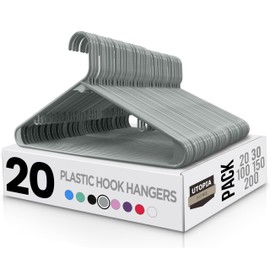 Utopia Home Plastic Hangers 20 Pack - Space Saving Clothes Hanger - Durable & Strong Closet Organizers and Storage with Built-in Strap Hooks - Essential for Shirts, Pants, Skirts & Coats (Grey)