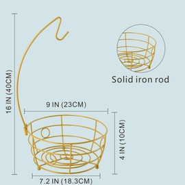 DIYZON Countertop Fruit Basket Bowl with Banana Hanger, Modern Standing Fruit Vegetable Bowl Storage, Storage Basket Fruit with Fruit Hook, Suitable for Kitchen Countertop (Round Metal, Gold)