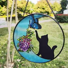 Cat Stained Glass Butterfly on Moon Gifts, Handcrafted Suncatchers Black Cat for Stained Glass Window Hangings, Cat Gifts for Cat Lovers, Painted Glass Panel Decor Funny Cat Themed Gift