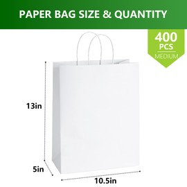 400Pcs 40 LB White Paper Gift Bags Bulk with Handles 10 x 5 x 13 Inch - Medium Size Kraft Goodie Bag, Blank Paper Bags for Shopping Retail, Birthdays, To Go, Small Business, Weddings, Parties, Lunch