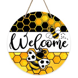 Bolisom Welcome Spring Summer Bumble Bee Front Door Sign, Honeycomb Wood Door Hanger Outdoor Outside Porch Decor, Honey Seasonal Wooden Wreath Indoor Wall Hanging Decoration