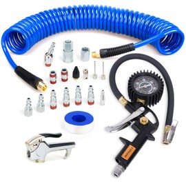 FYPower 20 Pieces Air Compressor Accessories kit, 1/4 inch x 25 ft Recoil Poly Hose Kit, 1/4" NPT Quick Connect Air Fittings, Tire Inflator Gauge, Blow Gun, Swivel Plug, Blue PU Hose