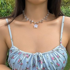 Azusa Sun White Star Charms Pendant Choker Y2K Healing Crystal Necklace Summer Jewelry with Silver Chains for Women