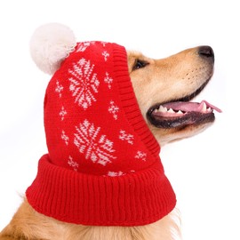 Kuoser Dog Hat, Funny Dog Christmas Hat Warm Pet Hooded Hats for Small Medium Large Dogs, Doggie Knitted Thick Neck Warmer Autumn/Winter Dogs Headwear, Cozy Puppy Scarft for Cold Days, Red L
