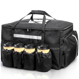 Foraineam Insulated Food Delivery Bag with 4 Cup Holders/Drink Carriers, Large Catering Thermal Bag, Pizza Warmer Carrying Case, Insulated Hot & Cooler Bags for Beverages, Grocery, Food Transport