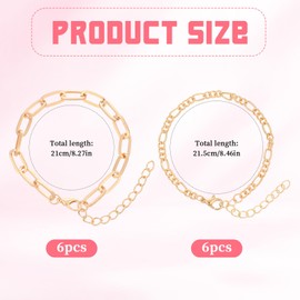 1 Box 12Pcs Adjustable Charm Bracelet Chain, Paperclip Chain Bracelets Kit, Gold Alloy Link with Lobster Clasps, Fine Jewelry Chain Bracelet for Jewelry Making DIY Crafts Women Man (2 Styles)