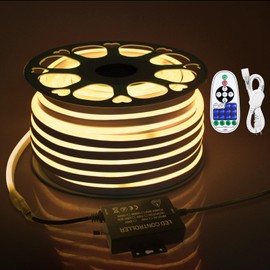 Samsion 150ft LED Neon Strip Lights for Outdoor Waterproof Neon Rope Light AC 110V~130V Warm White Neon LED Flexible String Light with Dimmable Controller for Outside Bedroom Garden Building Yard