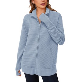 PRETTYGARDEN Womens Fall 2025 Long Sleeve Zip Up Cardigan Sweaters Casual Loose Collared Ribbed Knit Tops Jackets Thumb Hole, Grey, Small