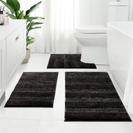Kmson 3 Pcs Bath Mat Set Bathroom Rugs - Soft Microfiber Chenille Shower Mats for Bathroom Bath Rug with Rubber Backing, Ultra Absorbent Bath Rugs, Bathtub Mat Black