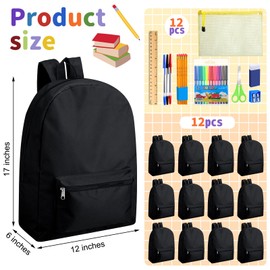 Silkfly 12 Pcs 17" Backpacks with 144 Pcs School Supplies Kits Includes Markers Scissors Rulers Sharpeners Ballpoint Pens Erasers Pencil Cases Pencils for Elementary Middle High School (Black)