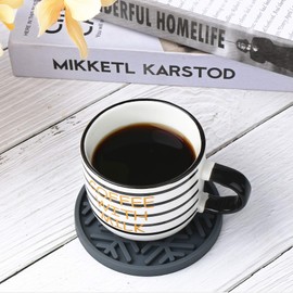 IYYI Silicone Drink Coasters Set of 6 in Holder, Cup Coaster for Drinks Deep Grooved Absorbent Coaster Protect Furniture from Damage Large 4 inch Cup Mat (Black)