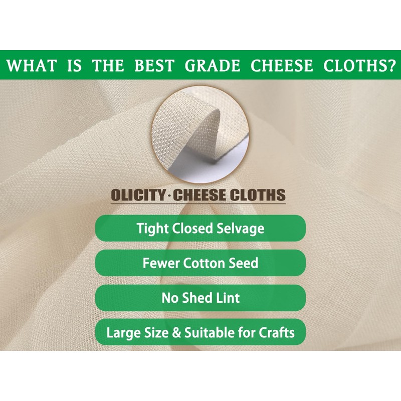Olicity Cheese Cloths, Grade 100, 18 Sq Feet, Reusable Cheese
