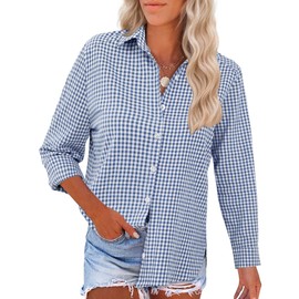 LOMON Women Cotton Button Down Tops Workout Shirts Dressy Casual Tops Linen Button Up Shirt Navy Blue and White Plaid XL