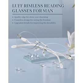 LUFF Rimless Reading Glasses for Women Blue Light Blocking Lightweight Metal Classic Computer Readers Anti Eyestrain